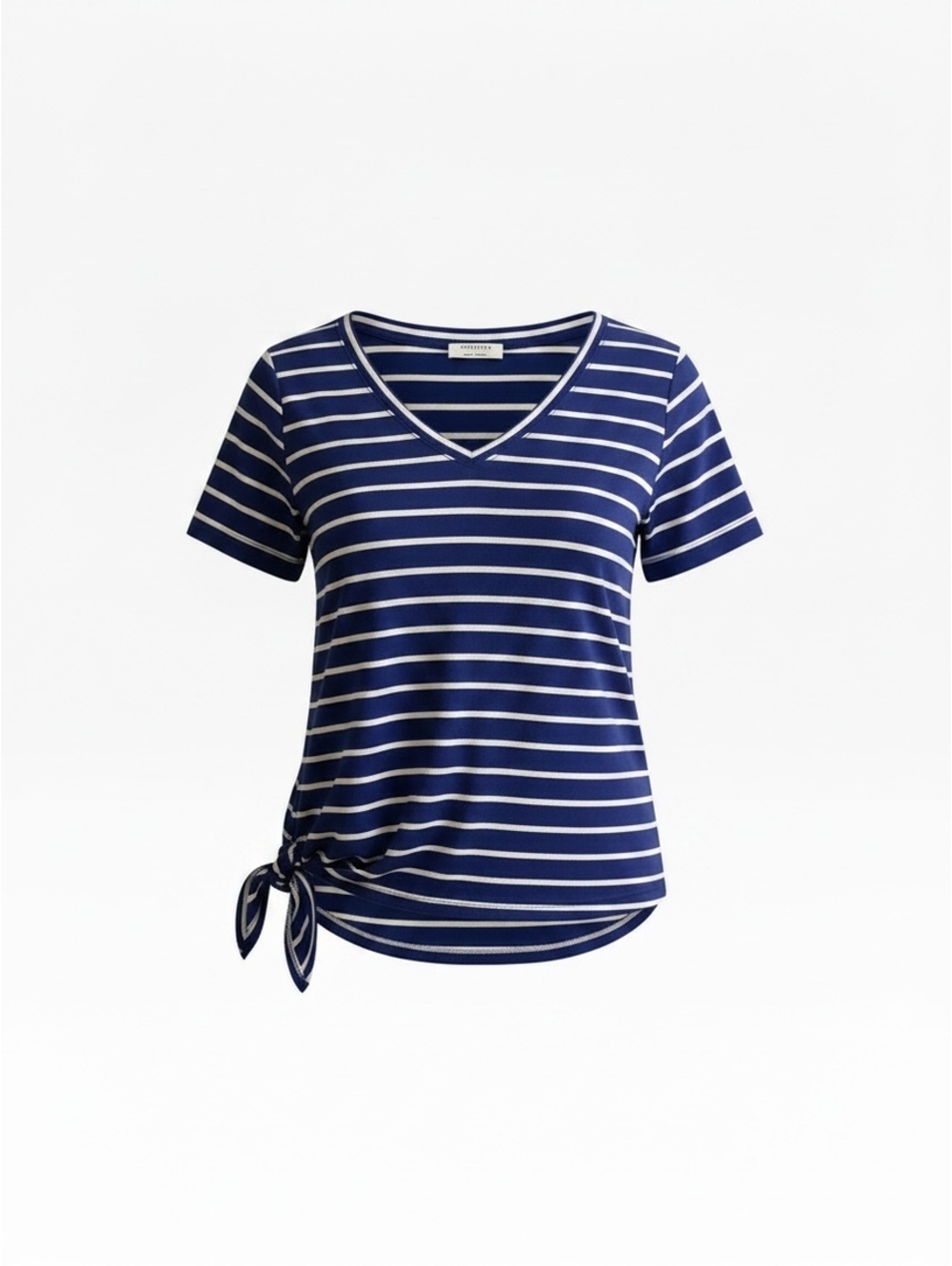 Zenana Navy and White Striped V-Neck Tie-Front T-Shirt, Size Large